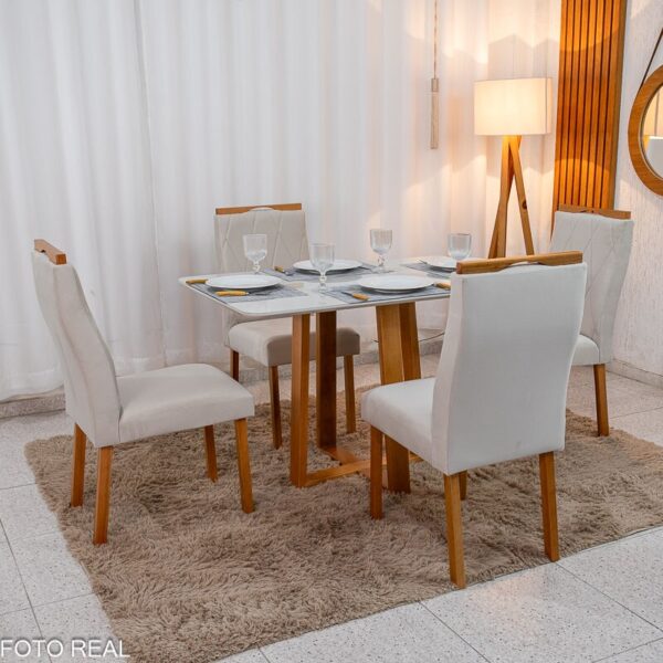 Mesa de Jantar Pedro 120x80 Vidro Off/Base Madeira + 4 Cad. Lisboa Veludo Bege 512 Madeira Art Assento - Entregue Montada