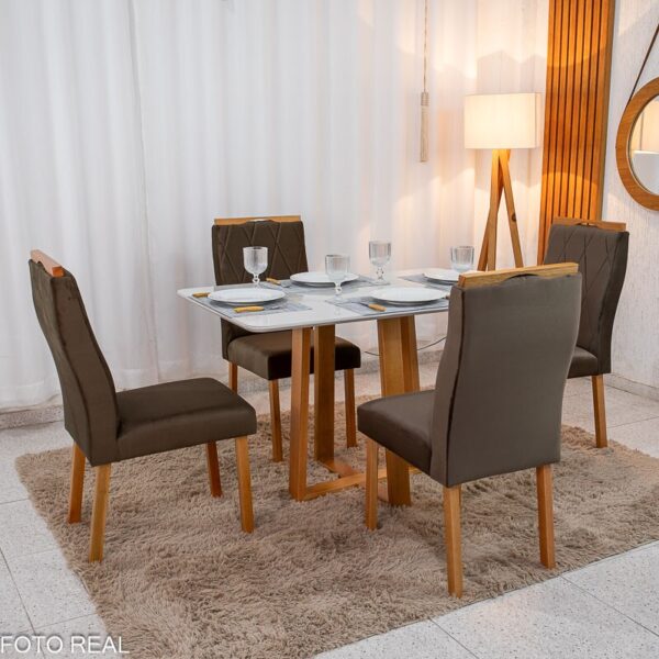 Mesa de Jantar Pedro 120x80 Vidro Off/Base Madeira + 4 Cad. Lisboa Veludo Marrom 509 Madeira Art Assento - Entregue Montada