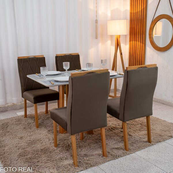 Mesa de Jantar Pedro 120x80 Vidro Off/Base Madeira + 4 Cad. Lisboa Veludo Marrom 509 Madeira Art Assento - Entregue Montada
