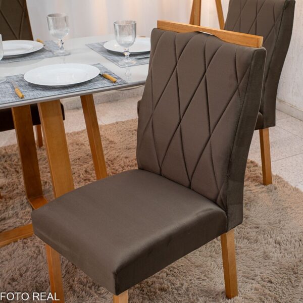 Mesa de Jantar Pedro 120x80 Vidro Off/Base Madeira + 4 Cad. Lisboa Veludo Marrom 509 Madeira Art Assento - Entregue Montada