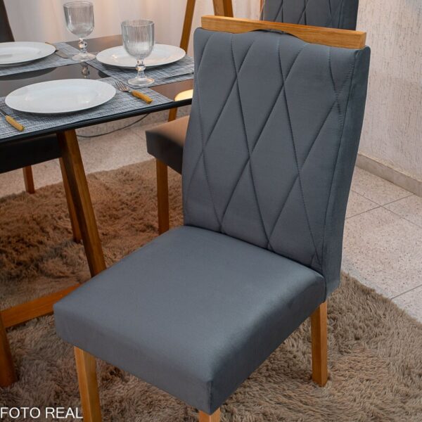 Mesa de Jantar Pedro 160×80 Vidro Grafite/Base Madeira + 6 Cad. Lisboa Veludo Cinza 507 Madeira Art Assento - Entregue Montada