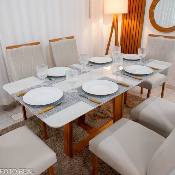 Mesa de Jantar Pedro 160×80 Vidro Off/Base Madeira + 6 Cad. Lisboa Veludo Bege 512 Madeira Art Assento - Entregue Montada
