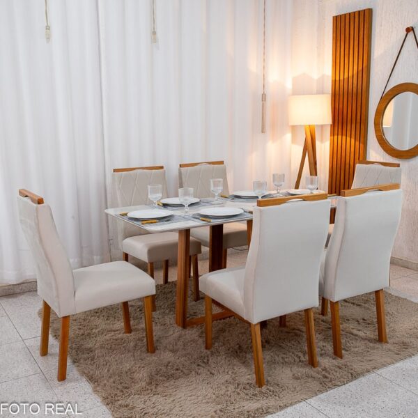 Mesa de Jantar Pedro 160×80 Vidro Off/Base Madeira + 6 Cad. Lisboa Veludo Bege 512 Madeira Art Assento - Entregue Montada