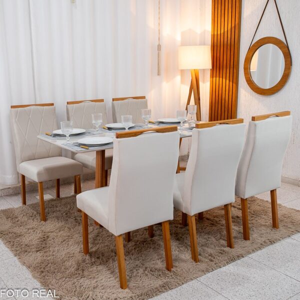 Mesa de Jantar Pedro 160×80 Vidro Off/Base Madeira + 6 Cad. Lisboa Veludo Bege 512 Madeira Art Assento - Entregue Montada