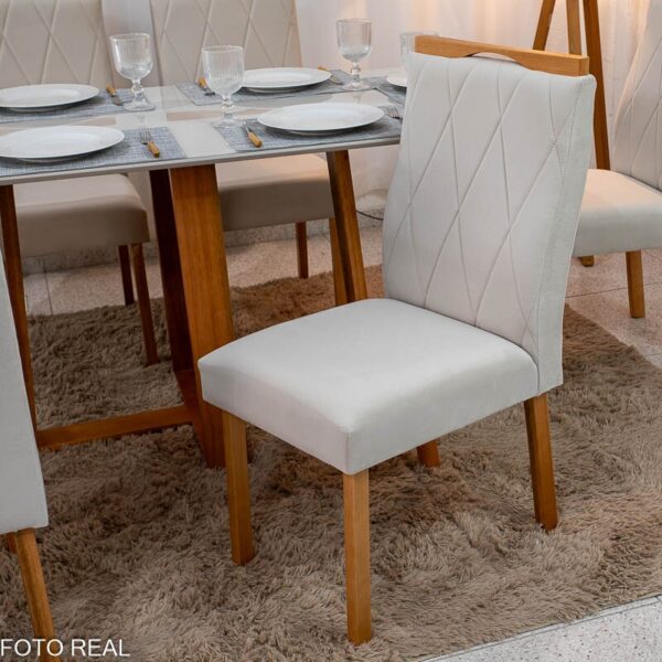 Mesa de Jantar Pedro 160×80 Vidro Off/Base Madeira + 6 Cad. Lisboa Veludo Bege 512 Madeira Art Assento - Entregue Montada