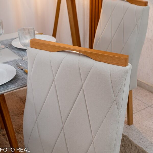 Mesa de Jantar Pedro 160×80 Vidro Off/Base Madeira + 6 Cad. Lisboa Veludo Bege 512 Madeira Art Assento - Entregue Montada