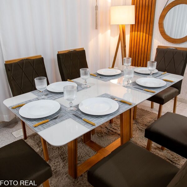 Mesa de Jantar Pedro 160×80 Vidro Off/Base Madeira + 6 Cad. Lisboa Veludo Marrom 509 Madeira Art Assento - Entregue Montada