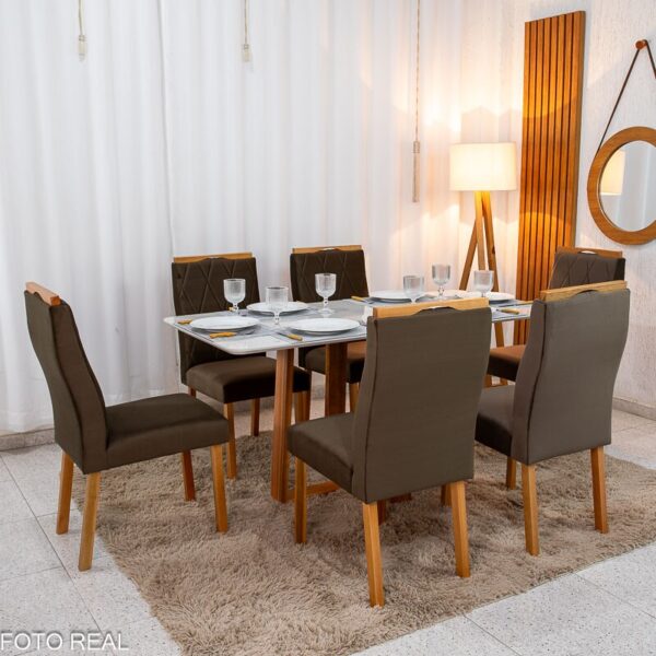 Mesa de Jantar Pedro 160×80 Vidro Off/Base Madeira + 6 Cad. Lisboa Veludo Marrom 509 Madeira Art Assento - Entregue Montada