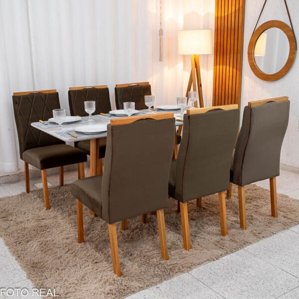 Mesa de Jantar Pedro 160×80 Vidro Off/Base Madeira + 6 Cad. Lisboa Veludo Marrom 509 Madeira Art Assento - Entregue Montada