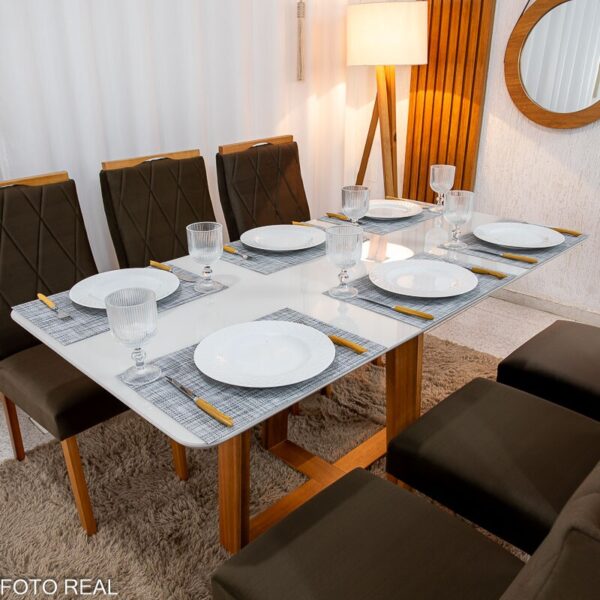 Mesa de Jantar Pedro 160×80 Vidro Off/Base Madeira + 6 Cad. Lisboa Veludo Marrom 509 Madeira Art Assento - Entregue Montada