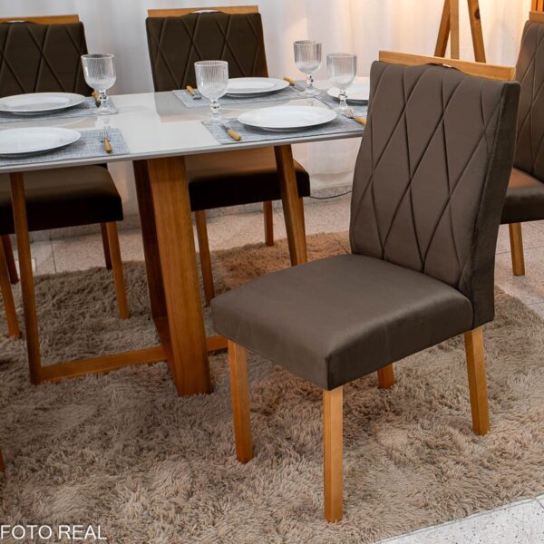 Mesa de Jantar Pedro 160×80 Vidro Off/Base Madeira + 6 Cad. Lisboa Veludo Marrom 509 Madeira Art Assento - Entregue Montada