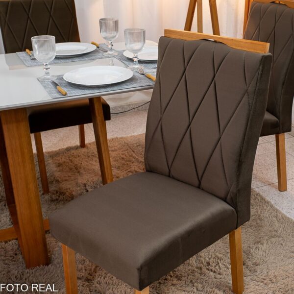 Mesa de Jantar Pedro 160×80 Vidro Off/Base Madeira + 6 Cad. Lisboa Veludo Marrom 509 Madeira Art Assento - Entregue Montada