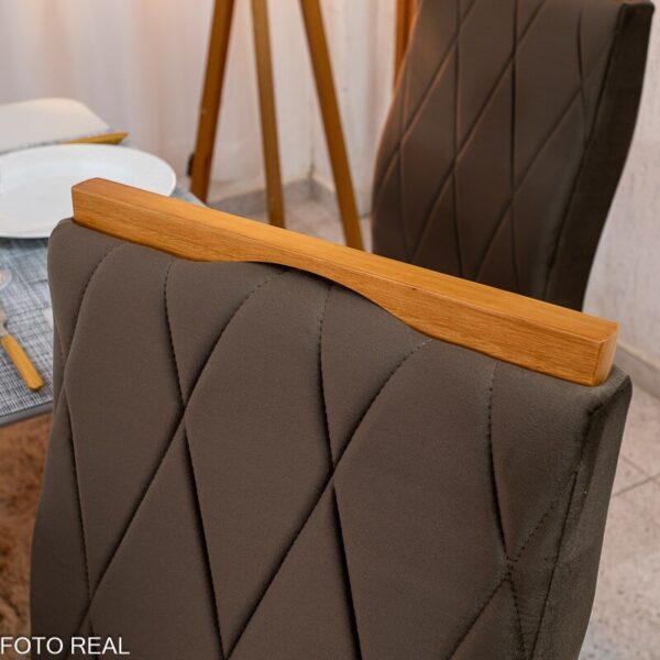 Mesa de Jantar Pedro 160×80 Vidro Off/Base Madeira + 6 Cad. Lisboa Veludo Marrom 509 Madeira Art Assento - Entregue Montada