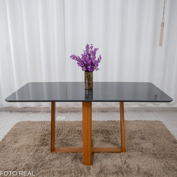 Mesa de Jantar Pedro 160×80 Vidro Grafite/Base Madeira + 6 Cad. Lisboa Veludo Cinza 507 Madeira Art Assento - Entregue Montada