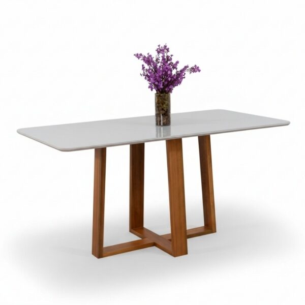 Mesa de Jantar Pedro 160x80 Vidro Off/Base Madeira Art Assento - Entregue Montada