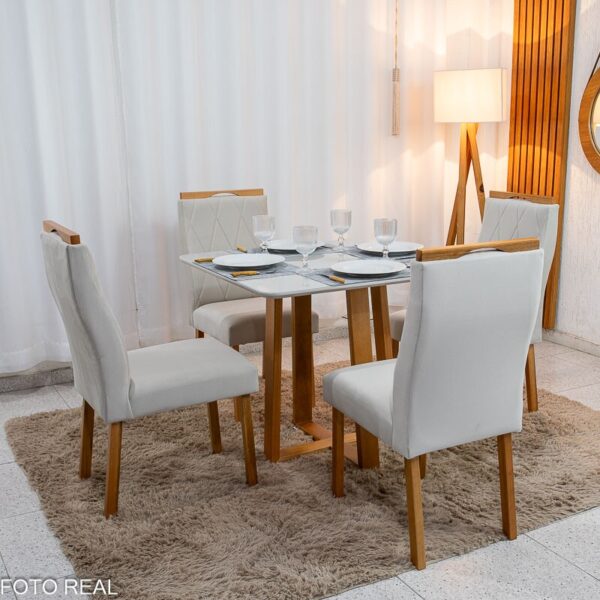 Mesa de Jantar Pedro 90x90 Vidro Off/Base Madeira + 4 Cad. Lisboa Veludo Bege 512 Madeira Art Assento - Entregue Montada