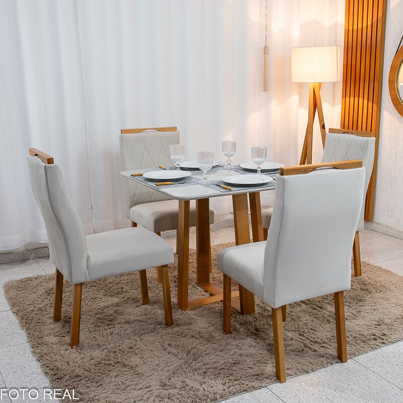 Mesa de Jantar Pedro 90x90 Vidro Off/Base Madeira + 4 Cad. Lisboa Veludo Bege 512 Madeira Art Assento - Entregue Montada