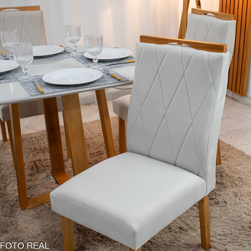 Mesa de Jantar Pedro 90x90 Vidro Off/Base Madeira + 4 Cad. Lisboa Veludo Bege 512 Madeira Art Assento - Entregue Montada