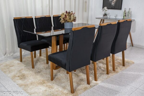 Mesa de Jantar Pedro Mel Vidro Preto 160×80 6 Cadeiras Lisboa Veludo Preto 504 Madeira Maciça Art Assento - Entregue Montada