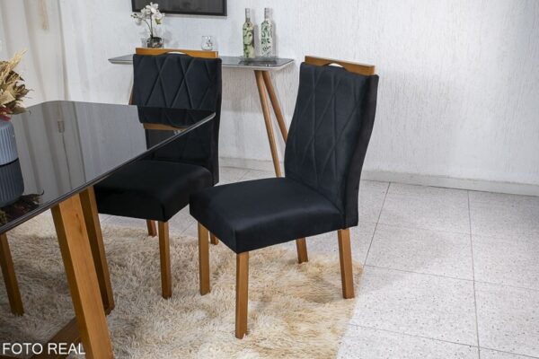 Mesa de Jantar Pedro Mel Vidro Preto 160×80 6 Cadeiras Lisboa Veludo Preto 504 Madeira Maciça Art Assento - Entregue Montada