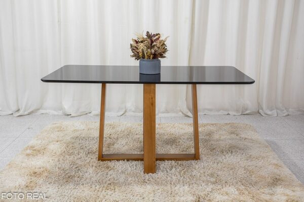 Mesa de Jantar Pedro Mel Vidro Preto 160×80 6 Cadeiras Lisboa Veludo Preto 504 Madeira Maciça Art Assento - Entregue Montada