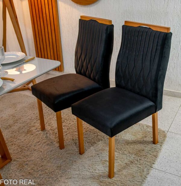 Mesa de Jantar Pedro 120×80 Vidro Off/Base Madeira + 4 Cad. Gênova Veludo Preto 504 Madeira Art Assento - Entregue Montada