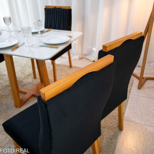 Mesa de Jantar Pedro 120×80 Vidro Off/Base Madeira + 4 Cad. Gênova Veludo Preto 504 Madeira Art Assento - Entregue Montada