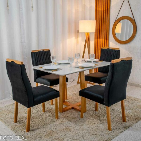Mesa de Jantar Pedro 120×80 Vidro Off/Base Madeira + 4 Cad. Gênova Veludo Preto 504 Madeira Art Assento - Entregue Montada