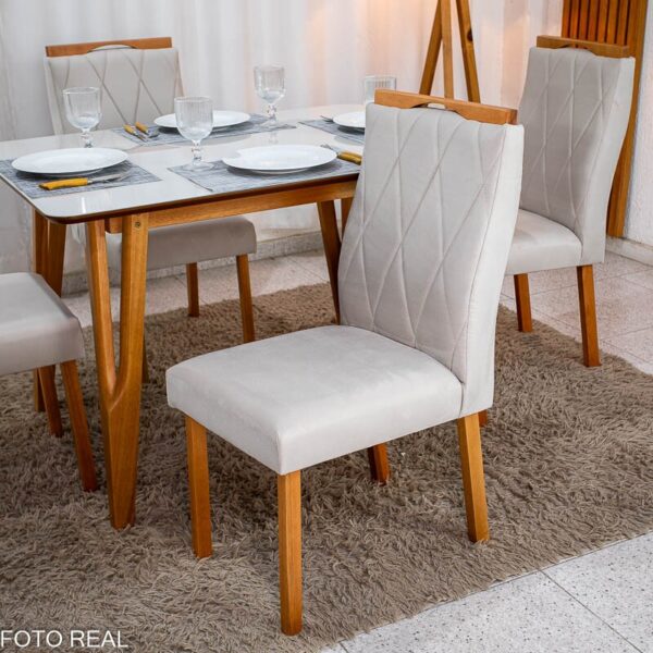 Mesa de Jantar Siena 120x90 Vidro Off/Base Madeira + 4 Cad. Lisboa Veludo Bege 512 Madeira Entregue Montada - Art Assento