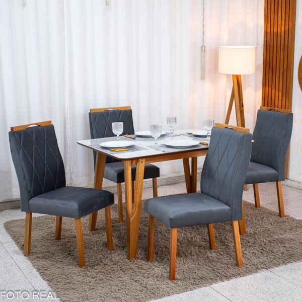 Mesa de Jantar Siena 120x90 Vidro Off/Base Madeira + 4 Cad. Lisboa Veludo Cinza 507 Madeira Entregue Montada - Art Assento