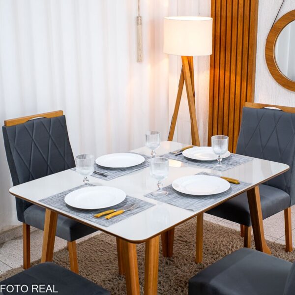 Mesa de Jantar Siena 120x90 Vidro Off/Base Madeira + 4 Cad. Lisboa Veludo Cinza 507 Madeira Entregue Montada - Art Assento