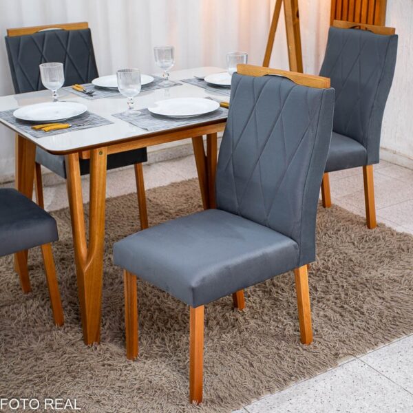 Mesa de Jantar Siena 120x90 Vidro Off/Base Madeira + 4 Cad. Lisboa Veludo Cinza 507 Madeira Entregue Montada - Art Assento