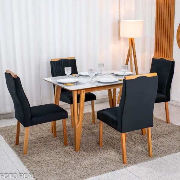 Mesa de Jantar Siena 120x90 Vidro Off/Base Madeira + 4 Cad. Lisboa Veludo Preto 504 Madeira Entregue Montada - Art Assento