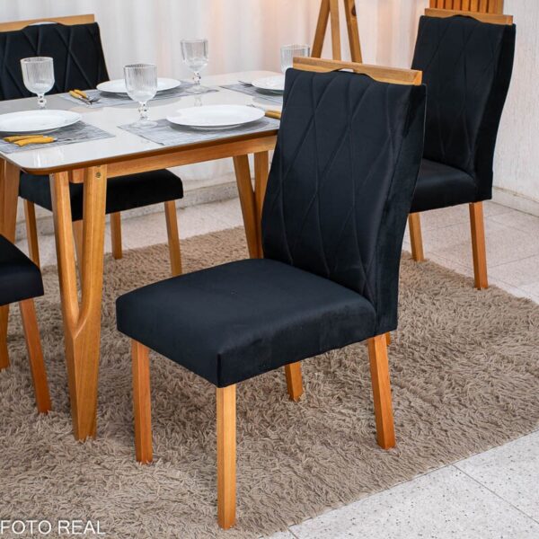 Mesa de Jantar Siena 120x90 Vidro Off/Base Madeira + 4 Cad. Lisboa Veludo Preto 504 Madeira Entregue Montada - Art Assento