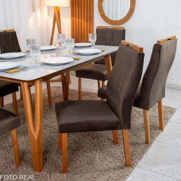 Mesa de Jantar Siena 160x90 Vidro Off/Base Madeira + 6 Cad. Lisboa Veludo Marrom 509 Madeira Art Assento - Entregue Montada