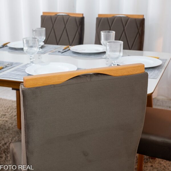 Mesa de Jantar Siena 160x90 Vidro Off/Base Madeira + 6 Cad. Lisboa Veludo Marrom 509 Madeira Art Assento - Entregue Montada