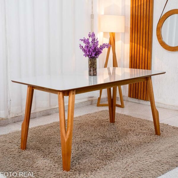 Mesa de Jantar Siena 160x90 Vidro Off/Base Madeira - Art Assento + 6 Cad. Isabela Linho Cinza 05 Madeira Maciça KM Decor - Entregue Montada