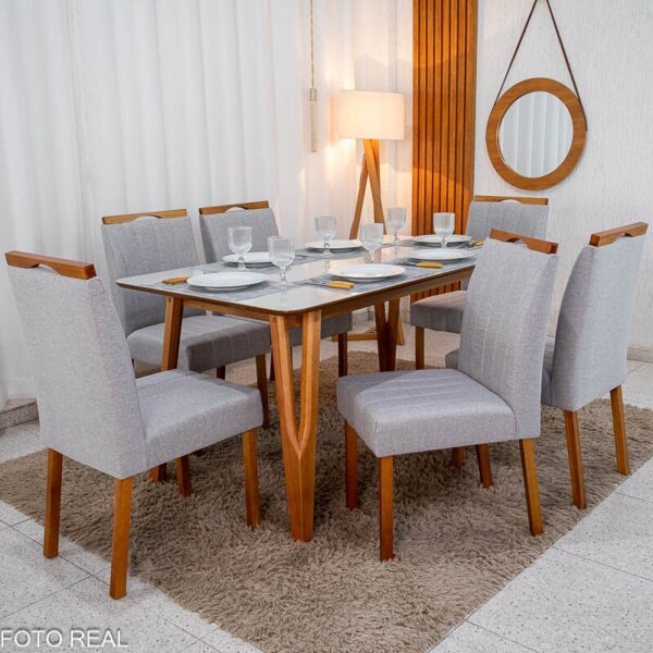 Mesa de Jantar Siena 160x90 Vidro Off/Base Madeira - Art Assento + 6 Cad. Isabela Linho Cinza 05 Madeira Maciça KM Decor - Entregue Montada