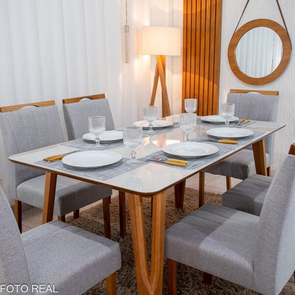 Mesa de Jantar Siena 160x90 Vidro Off/Base Madeira - Art Assento + 6 Cad. Isabela Linho Cinza 05 Madeira Maciça KM Decor - Entregue Montada