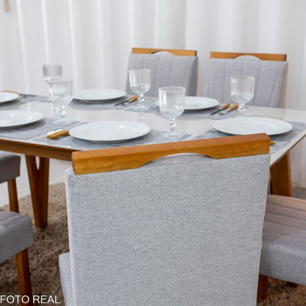 Mesa de Jantar Siena 160x90 Vidro Off/Base Madeira - Art Assento + 6 Cad. Isabela Linho Cinza 05 Madeira Maciça KM Decor - Entregue Montada