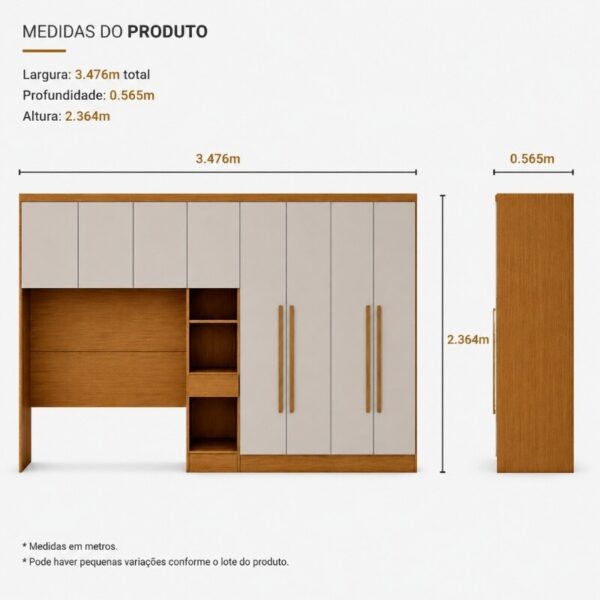 Modulado Casal Cumaru/Fendi Fosco 1 Roupeiro Rizon 4 Pts + 1 Criado Rizon + 1 Aéreo 3 portas Rizon - Novo Horizonte