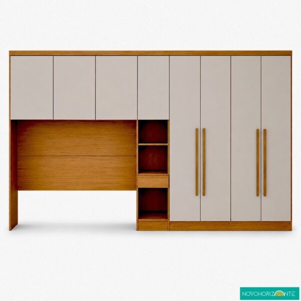 Modulado Casal Cumaru/Fendi Fosco 1 Roupeiro Rizon 4 Pts + 1 Criado Rizon + 1 Aéreo 3 portas Rizon - Novo Horizonte