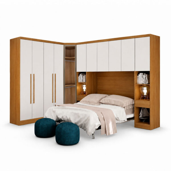 Modulado Queen Cumaru/Fendi Fosco 1 Guarda-Roupa Rizon New 4 Pts + 2 Criado Rizon + 1 Canto Oblíquo Rizon C/Porta de Vidro + 1 Aéreo 4 portas Rizon - Novo Horizonte