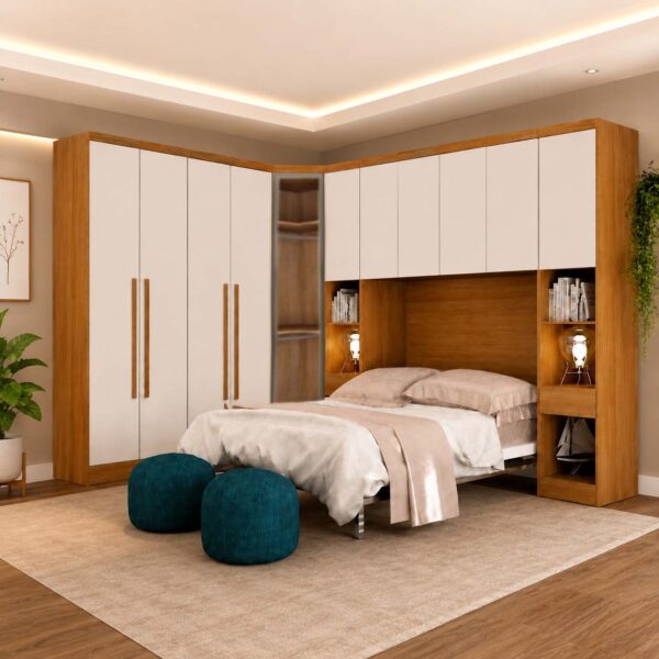 Modulado Queen Cumaru/Fendi Fosco 1 Guarda-Roupa Rizon New 4 Pts + 2 Criado Rizon + 1 Canto Oblíquo Rizon C/Porta de Vidro + 1 Aéreo 4 portas Rizon - Novo Horizonte