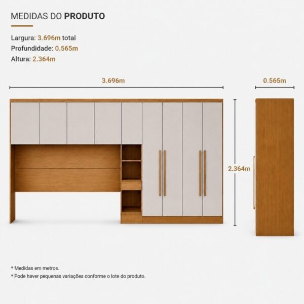 Modulado Queen Cumaru/Fendi Fosco 1 Roupeiro Rizon 4 Pts + 1 Criado Rizon + 1 Aéreo 4 portas Rizon - Novo Horizonte