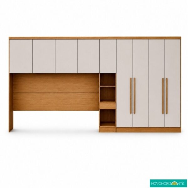 Modulado Queen Cumaru/Fendi Fosco 1 Roupeiro Rizon 4 Pts + 1 Criado Rizon + 1 Aéreo 4 portas Rizon - Novo Horizonte