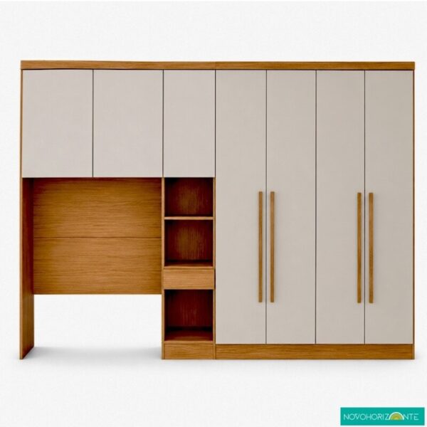 Modulado Solteiro Cumaru/Fendi Fosco 1 Roupeiro Rizon 4 Pts + 1 Criado Rizon + 1 Aéreo 2 portas Rizon - Novo Horizonte