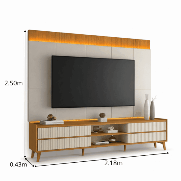 Rack Magnífico 212 Larg. 2.18m + Painel Magnífico 220 Nature/Off C/LED e Detalhe Ripado para TV até 85