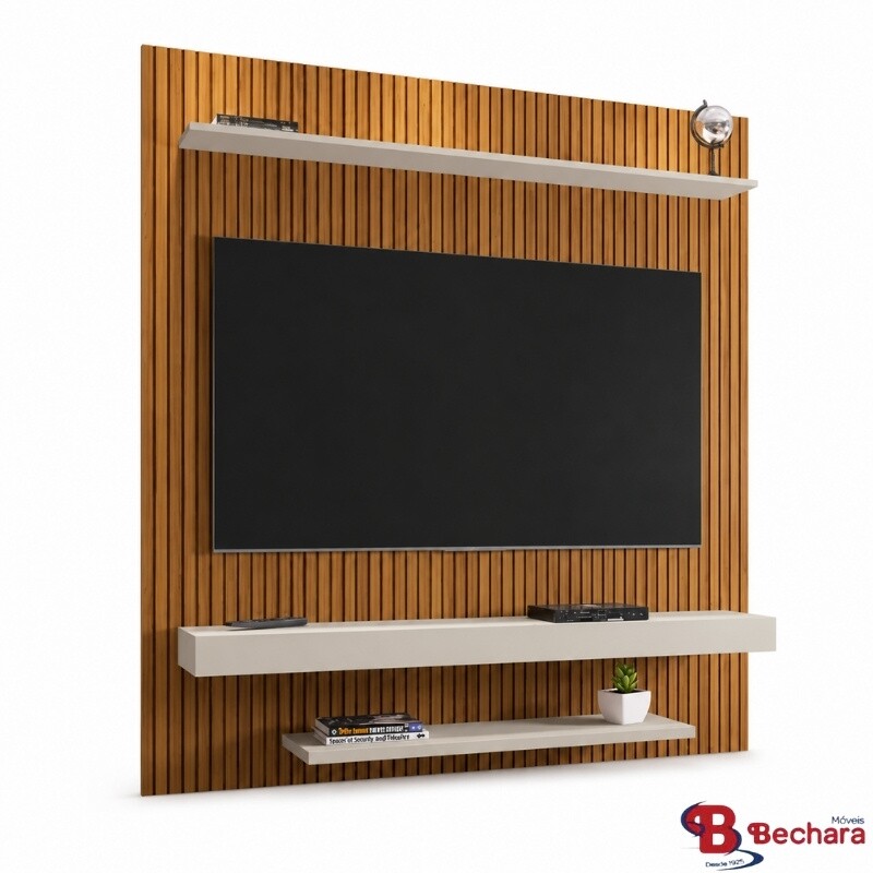 Painel Leme Larg. 1.50m Impressão Ripada 3D Ripado Naturalle/Off White para TV até 60" - Bechara