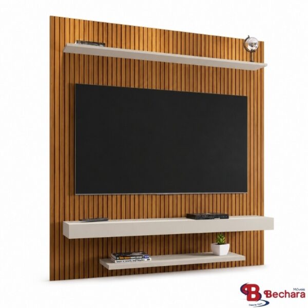 Painel Leme Larg. 1.50m Impressão Ripada 3D Ripado Naturalle/Off White para TV até 60" - Bechara